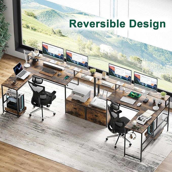 L Shaped Desk with Drawers 66 Home Office Desk with Power Outlet and Led Strip Reversible Computer Desk with Storage Shelves &amp Monitor Stand Large Corner Desk Gaming Desk Rustic Brown