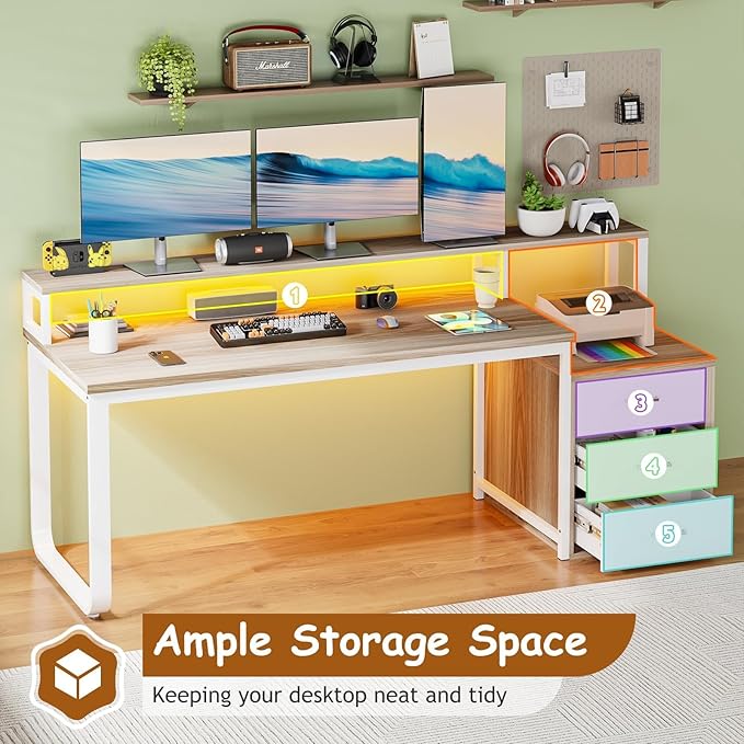 HOMBCK 67 Computer Desk with 3 Drawers Home Office Desk with Long Monitor Stand and Printer Space Office Desk with Storage &amp LED Lights Writing Desk with Drawers Walnut and White