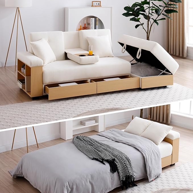 JOYBASE Modular Sectional Sofa Couch with Storage Ottoman 3-Seater Convertible Sofa Bed with Reversible Armrest Drawers and Cup Holders for Apartment Living Room (Beige)
