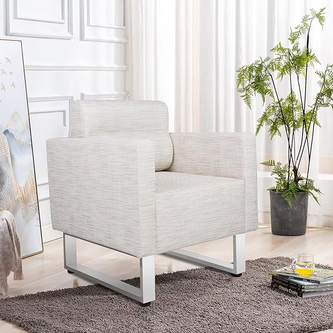 Modern Leather Accent Chair for Living Room Oversized Single Sofa Chair with Stainless Steel Frame Comfy Side Chair with Wide Backrest and Armrests for Bedroom Office Waiting Room White