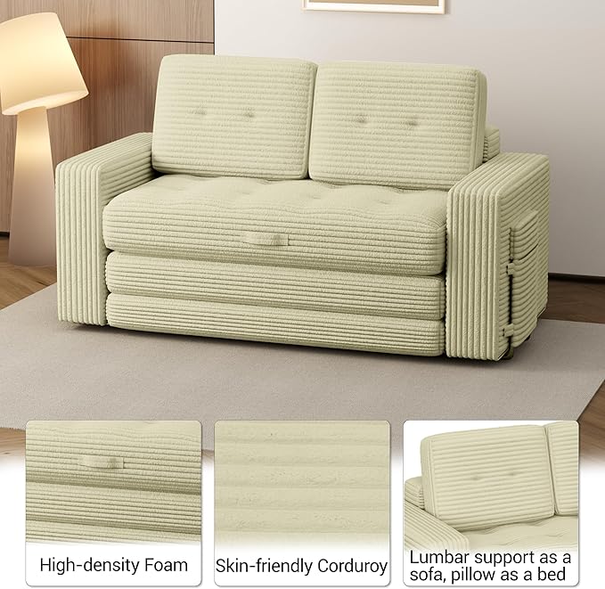 3 Fold Convertible Sofa Bed Pull Out Boneless Couch Loveseat Sleeper Sofa Folding Chaise Chair with Pillows for Bedroom Living Room Beige (Little Yellow)