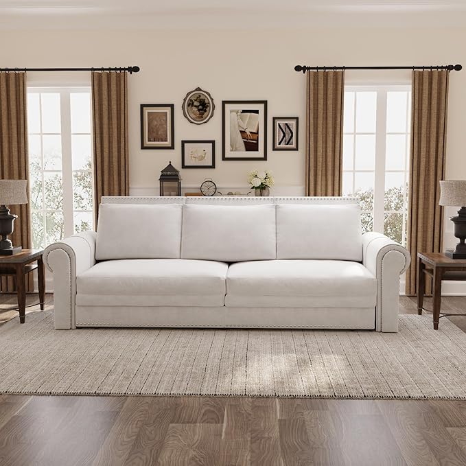93.7 King Size Chesterfield 3-seat Pull Out Sofa Bed Velvet Couch Bed with Nailhead Trim and Rolled Arm 3-in-1 Sleeper Sofa for Living Room Apartment Office Beige