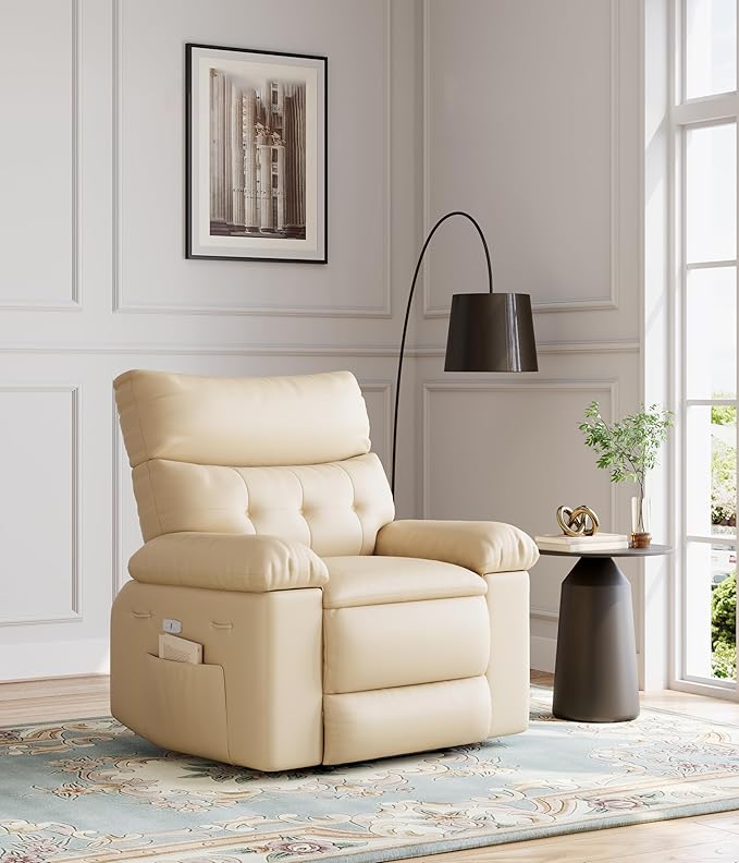OUTLANE Oversized Recliner Chair Big and Tall Massage Recliner with Heating Extra Wide PU Leather Manual Recliners 400LBS Capacity with Plush 1.5X Padding Lazy Chair for Living Room - Beige