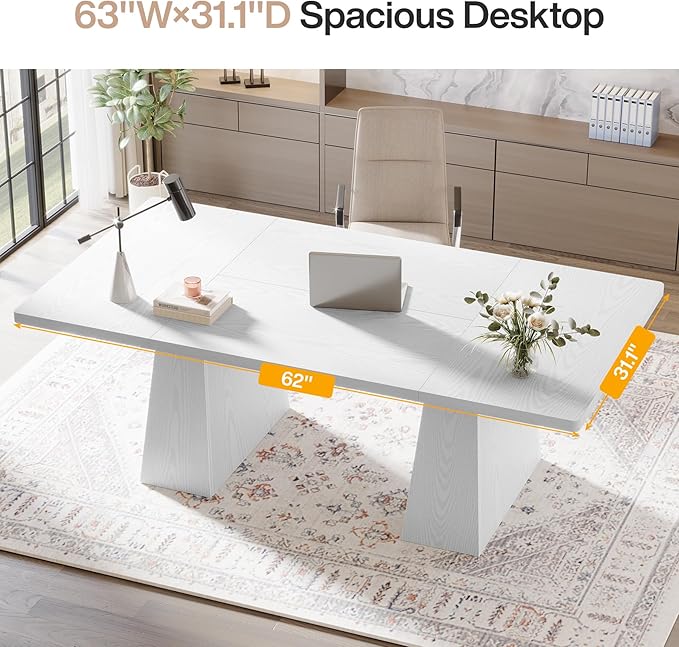 Tribesigns 63-Inch Executive Desk Large Office Computer Desk with Double Pedestal Modern Simple Workstations Writing Table Conference Table Business Furniture for Home Office White