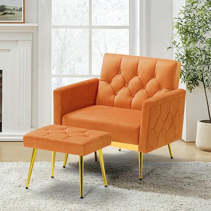 Velvet Accent Chair w/Adjustable Armrests and Backrests Tufted Single Sofa with Ottoman Upholstered Reading Chiar for Living Room Apartment Bedroom Orange