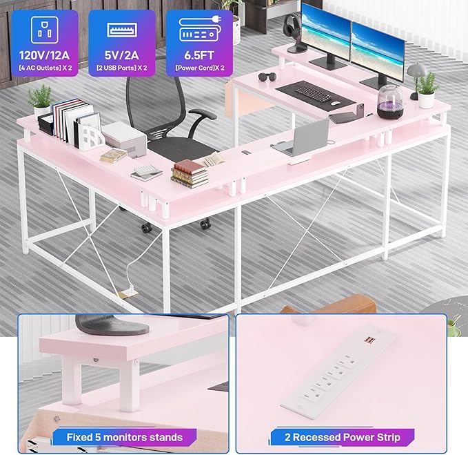 Jojoka U Shaped Desk 79 Inch Large Corner Office Desk with Monitor Stands Reversible L Shaped Computer Gaming Desk with Power Outlets &amp LED LightsU Shaped Gaming Desk (Deep Pink)