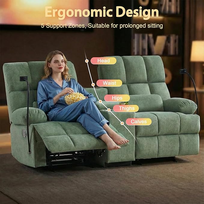 Reclining Loveseat with Rocker FunctionCat-Proof Loveseat Recliner Sofa with Phone Holder/USB/Type C RV Double Rocker Reclining Couch for Home TheaterLiving Room (Green) | Rocker Function Cat-Proo