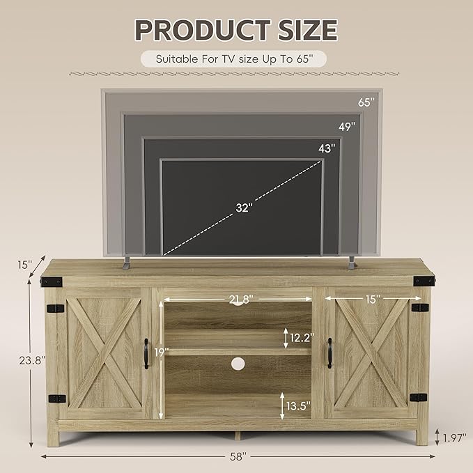 YESHOMY Modern Farmhouse TV Stand with Two Barn Doors and Storage Cabinets for Televisions up to 65+ InchEntertainment Center Console TableMedia Furniture for Living RoomYellow Oak