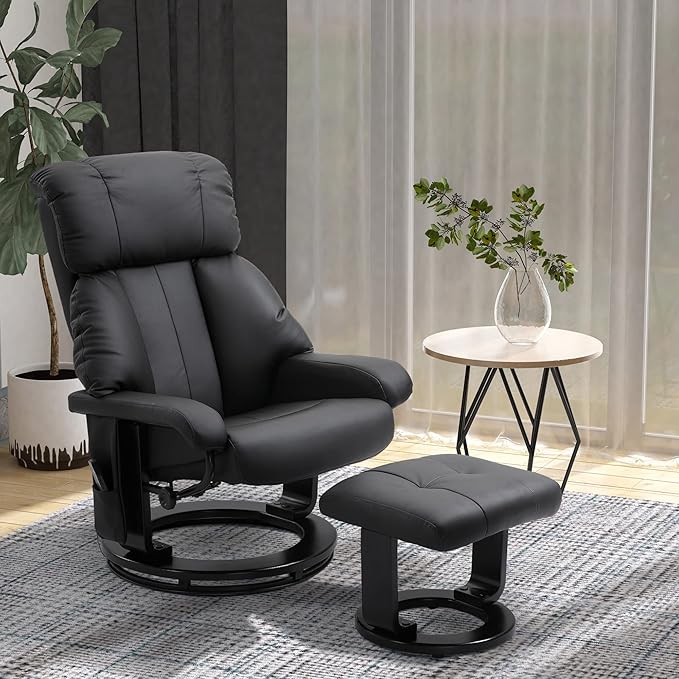 Modern PU Leather Massage Recliner Chair with Ottoman Swivel Wood Base for Living Room Relaxation - 10 Zones