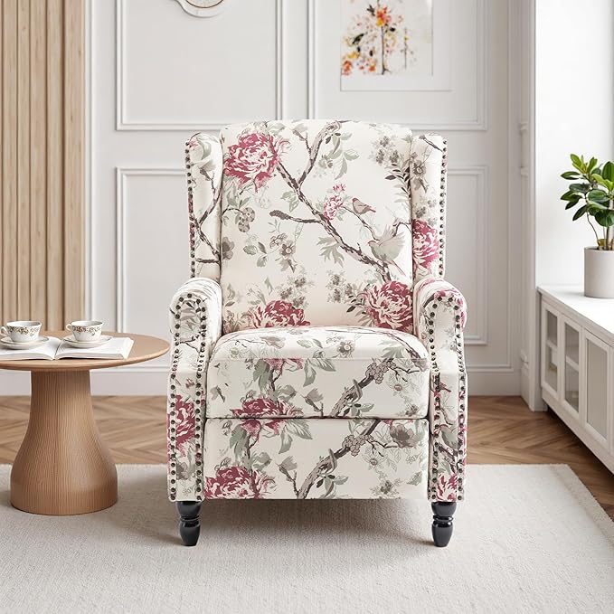 Pushback Recliner Chair Floral Fabric Wingback Recliner Chair Upholstered Rivet Trim Armchair Push Back Recliner Accent Chair for Living Room Small Spaces Plants Floral