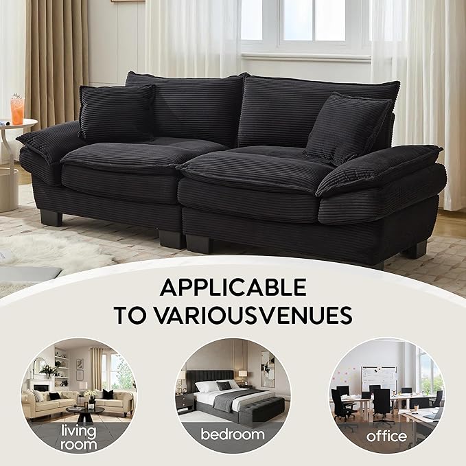 Modern 84 Corduroy Loveseat Sofa Ultra-Comfy Couch with 2 Pillows for Apartment Living Room Bedroom Home Office (Black)