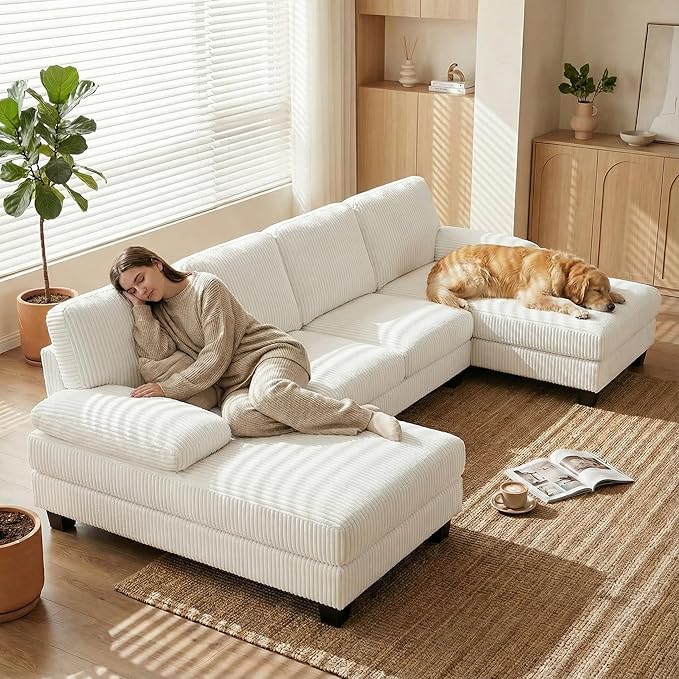 Homall Modular Sectional U Shaped Sofa Couches for Living Room Comfy Chenille 4 Seat Sofa Set with Removable Pillows Lounge Chaise Upholstered Couch for Apartment (Corduroy Beige)