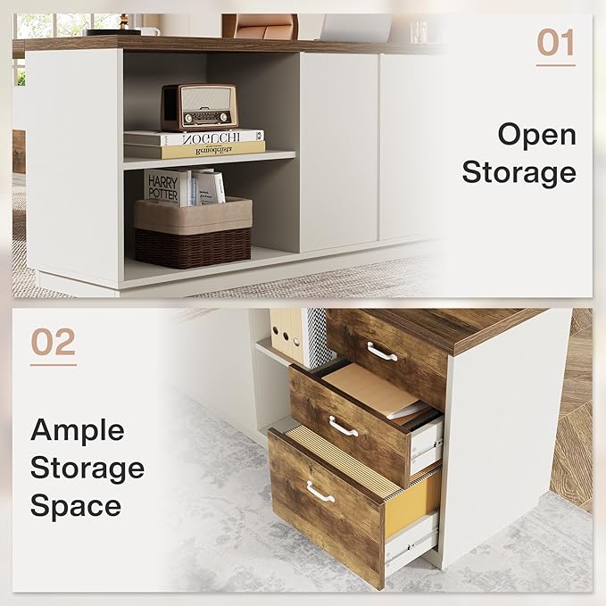 Tribesigns 78 L-Shaped Executive Desk Large Modern Office Desk with Drawers and Lateral File Cabinet Business Furniture with Storage Shelves Big Computer Desk for Home Office (Brown + White)