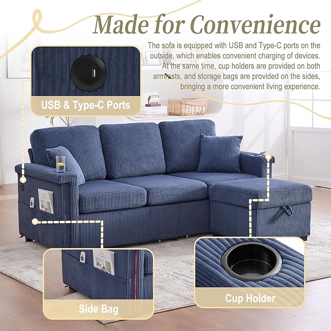 KEIKI 76 L-Shaped Modular Corduroy Sectional Sofa with Pull-Out Bed &amp 1 Movable Storage Ottoman &amp 2 Cup Holder &amp USB Convertible 4-Seater Sleeper Couch Bed Easy Assembly for Living Roo