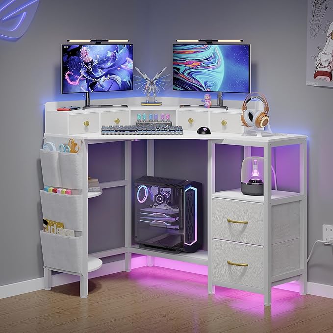 Corner Desk with 6 Drawers Shelves for Small Space Computer Desk with Power OutletsGaming Desk with Printer Monitor Stand Storage for Home Office Workstation Writing Table (White 31.5)