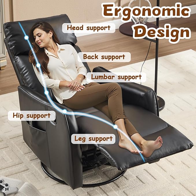 Slim Swivel Rocking Chair Recliner with PocketsLazy Boy Recliners for for AdultsSmall Recliner Chair for Small Spaces Manual Reclining Chair for Living Room Bedroom (Black)