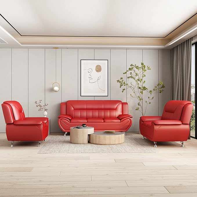 Michael Modern Faux Leather Upholstered Stainless Steel Legs Living Room Loveseat Persian Red