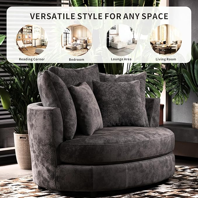54.9''W Oversized Accent Barrel Chair Chenille Upholstered Comfy Couch Sofa with 5 Pillows for Living Room Apartment Bedroom (Grey).