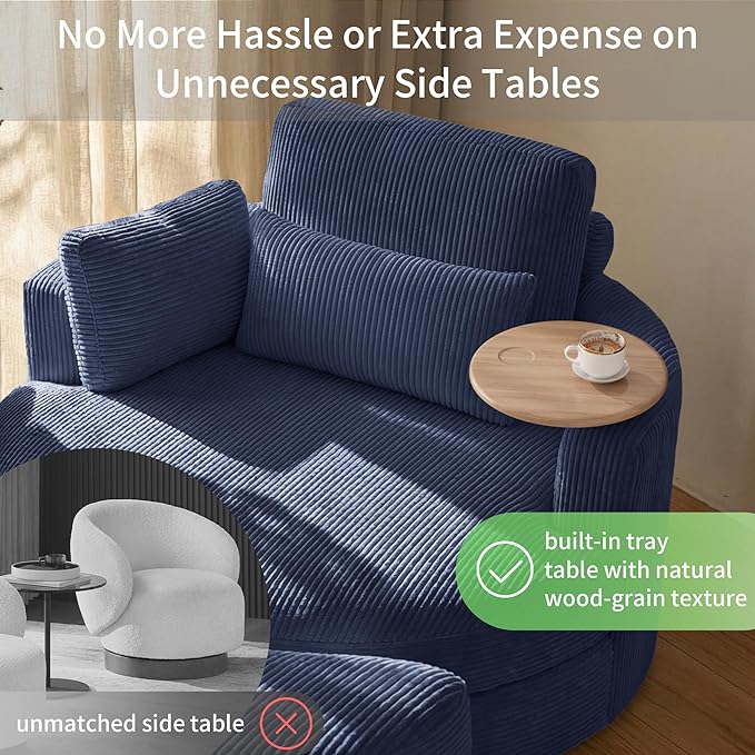 Yoglad 51” Swivel Barrel Chair with Storage Ottoman Corduroy Upholstered Accent Chair and A Half with Tray Table Oversized Chaise Lounge Round Sofa Chair for Living Room Bedroom(Blue)