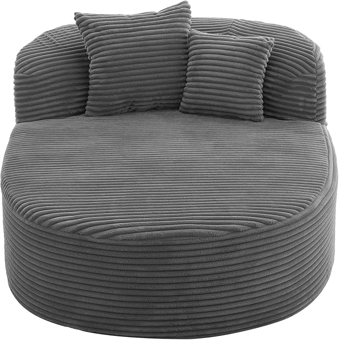 Modern Corduroy Fabric Chaise Lounge Chair Indoor Boneless Couch 51.6 Sofa Bed with Two Supportive Pillows for Living Room Office (Gray/R1)