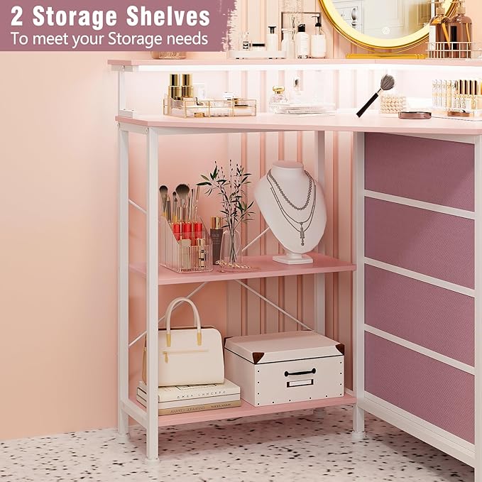 Corner Desk with Drawers Shelves for Small Space 90 Degrees Triangle Computer Desk with Power OutletsGaming Desk with LED Lights Monitor Stand for Home Office Workstation Writing Table (Pink)