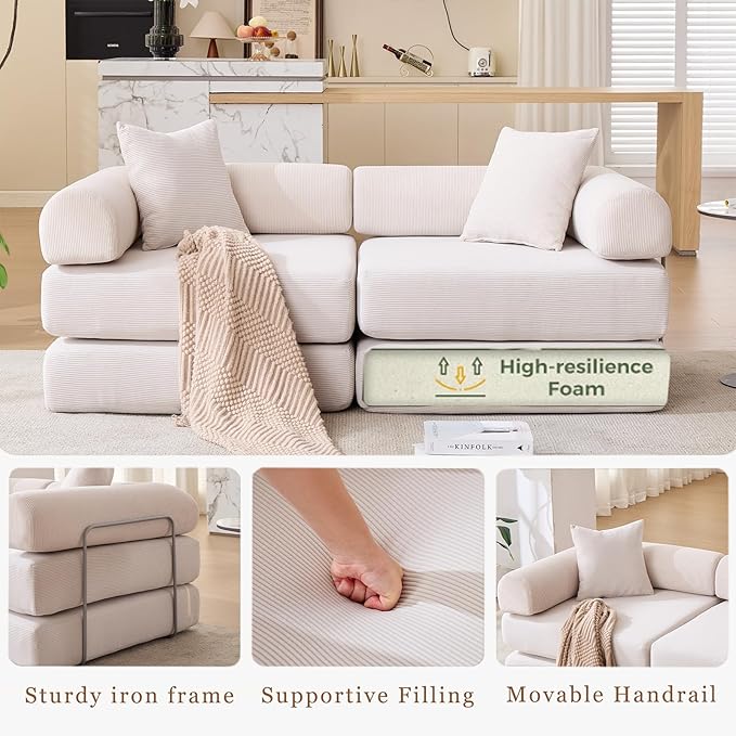 Convertible Modular Couch Sofa Bed 4 in 1 Sleeper Floor Sofa with Folding Mattress Corduroy Fold Out Boneless Couch Bed with 2 Pillows Comfy Foldable Lounge for Living Room Bedroom Beige
