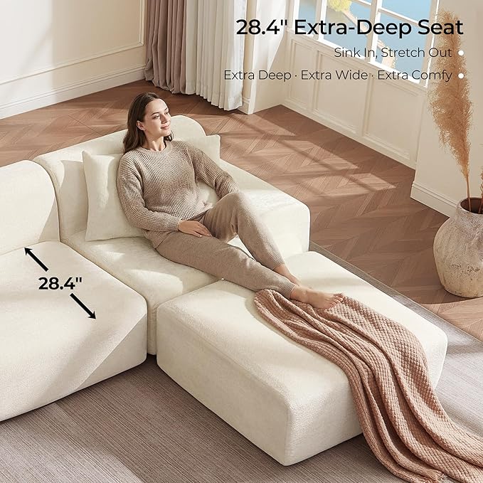 CHITA Modular L-Shaped Sectional Sofa Deep Seat Modern Comfy Couches for Living Room Oversized Boneless Sofas with Large Ottoman No Assembly Required Chenille in Cream