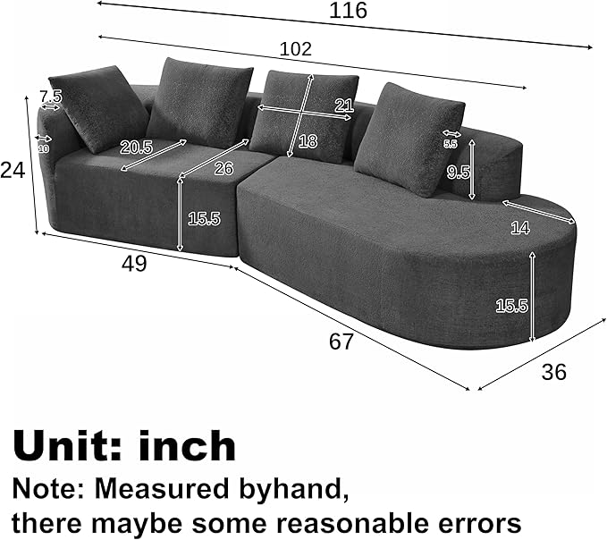 Christopher Knight Home Randa Upholstered Sectional Sofa for Living Room 5-Seater Oversized Chair Cloud Couch Fully Assembled Long Sofa Chaise Lounge Charcoal Gray