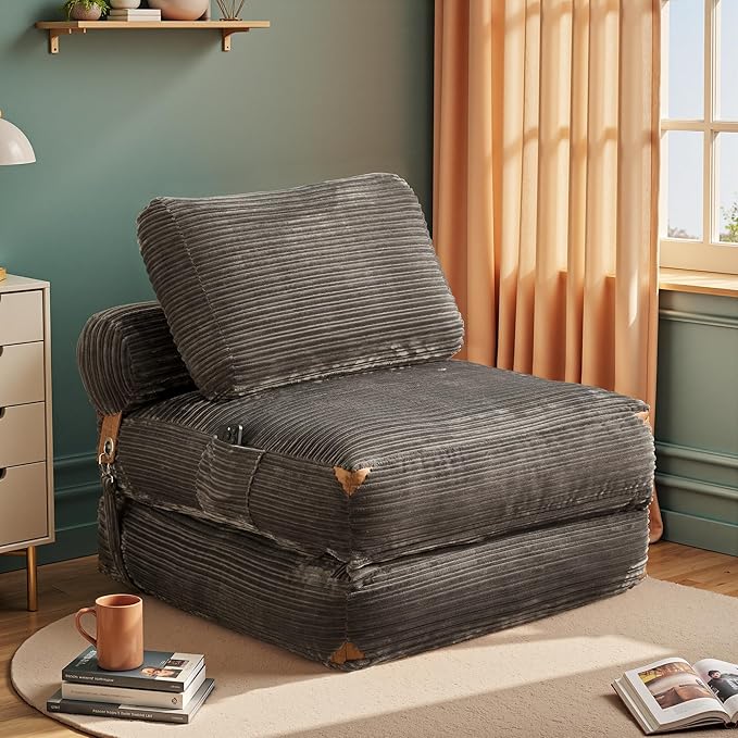 Folding Sofa Bed Convertible Sleeper Chair with Pillow Back Support Foldable Corduroy Futon Floor Couch Comfy Fold Out Chair Bed for Living Room Bedroom Dorm Grey