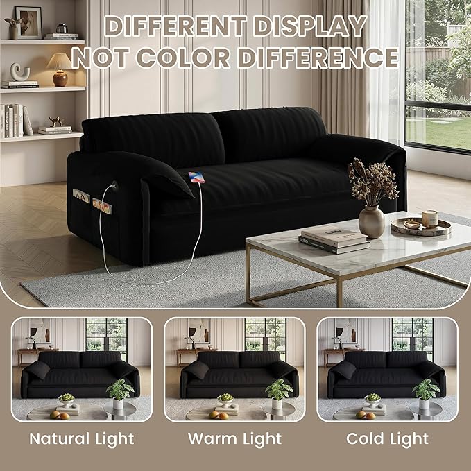 Queen Pull Out Futon Sofa Bed with USB Ports 3-in-1 Modern Convertible Sleeper Sofa with Side Pocket ＆ Rivets Comfy Corduroy Loveseat Couch for Living Room Bedroom Apartment (Black Velvet)