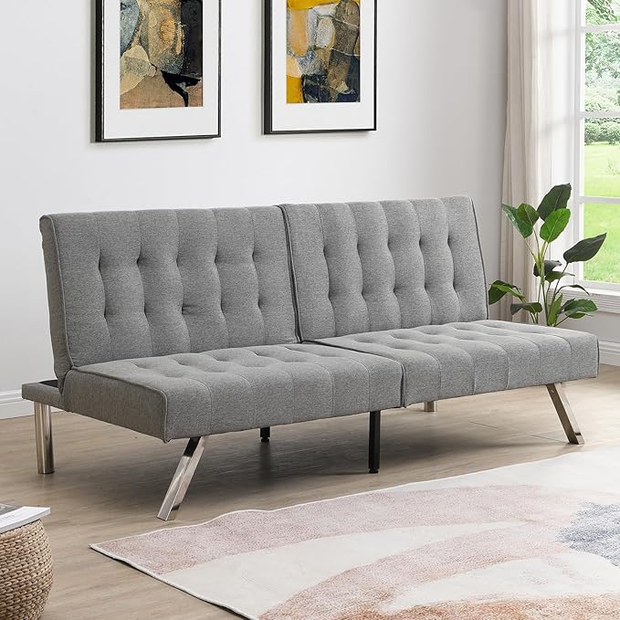Modern Convertible Futon Sofa Bed Adjustable Loveseat Futon Couch with Metal Legs Upholstered Sofa Bed with Wood Frame Sleeper Couches for Small Compact RV Living RoomOffice (Grey-Fabric)