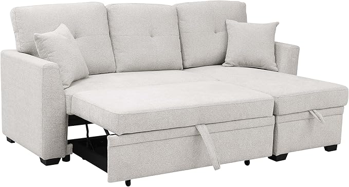 Convertible Sleeper Sofa Bed with Pull Out Couch L Shaped Couch with Chaise Storage Small Sectional Couches for Living Room Apartment | Linen Fabric | 76.5 | Beige