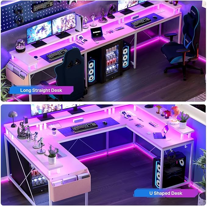U/L Shaped Desk Reversible Computer Gaming Desk with Power Outlet &amp LED Light Large Corner Table with Monitor Stand &amp Storage Shelf Idead for Home Office Gaming Pink