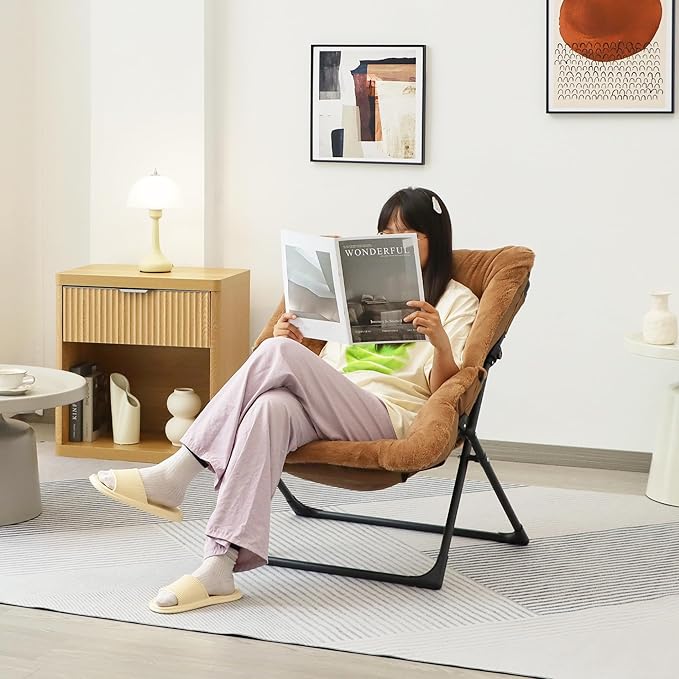 Comfy Saucer Chair for Adults Soft Faux Fur Bedroom Chair Accent Dorm Chairs Flexible Living Room Reading Chairs Oversized Folding Seat for Teens X-Large Brown