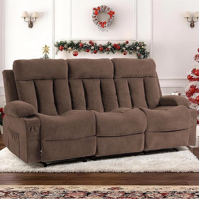 3 Seater Reclining Sofa Couch with Cup Holders Comfy Triple Manual Fabric Recliner Chair for Living Room Home Theater Office Brown