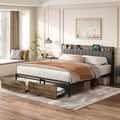 King Size Bed Frame with Storage Drawers and Charging Station Upholstered Headboard Metal Platform Bed with USB Ports No Box Spring Needed Easy Assembly Dark Brown