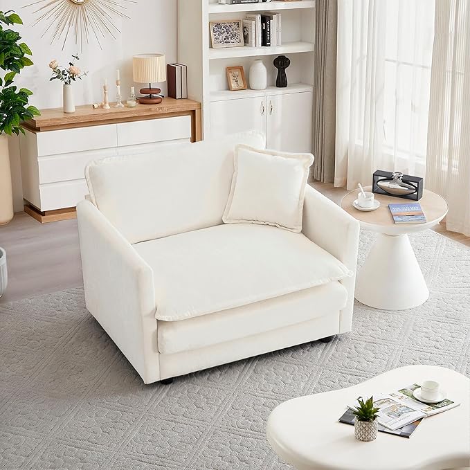 mikibama 41.4 Inch Single Seat Sofa Chenille Comfy Deep Upholstered Couch Armchair with Toss Pillow for Living Room Bedroom Office Apartment Beige