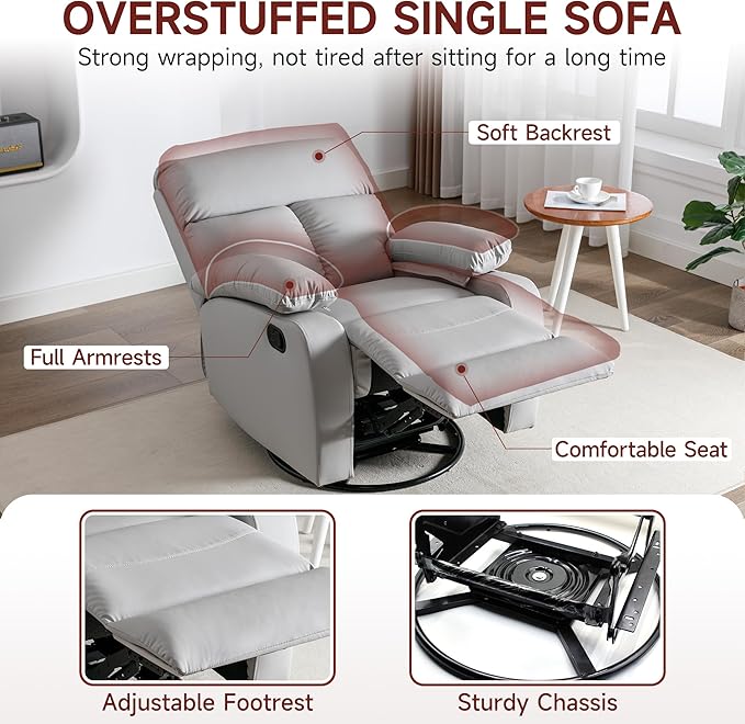 Swivel Rocker Recliner Small Recliners for Small Spaces with Overstuffed Arms and Back Manual Swivel Chairs for Living Room Nursery Bedroom Light Gray