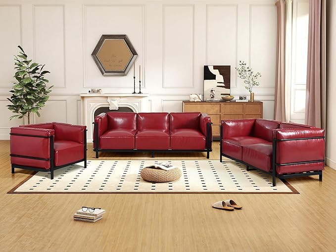 Minimalist Style 3 Seater Sofa Mid-Century Modern Faux Leather Sofa Couch with Fixed-Shape Iron Frame Upholstered Couch Chair for Living Room Office Apartment (Burgundy 3 Seater Sofa)
