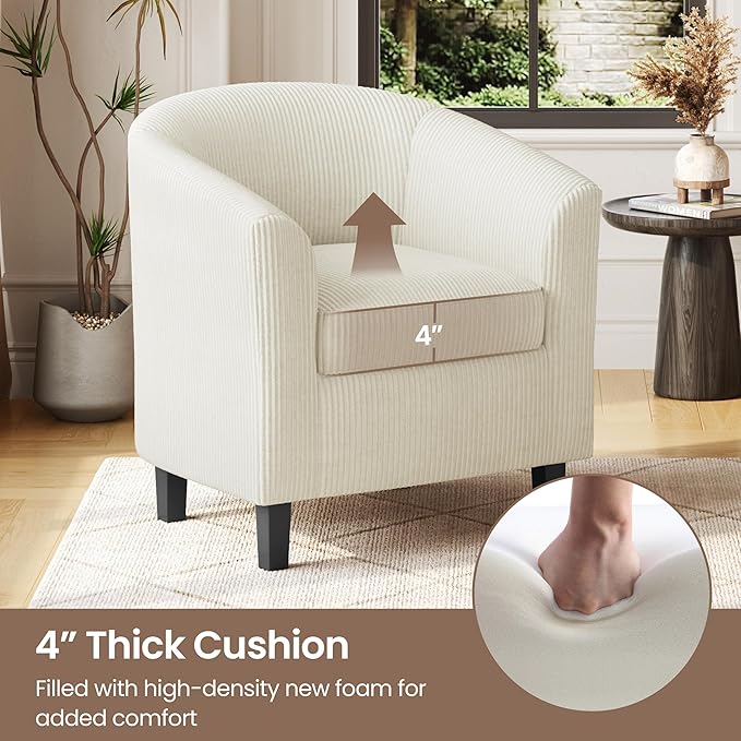 Yaheetech Corduroy Barrel Chair Upholstered Club Accent Chair Round Armchair with Soft Cushion for Living Room Bedroom Reading Waiting Room Beige