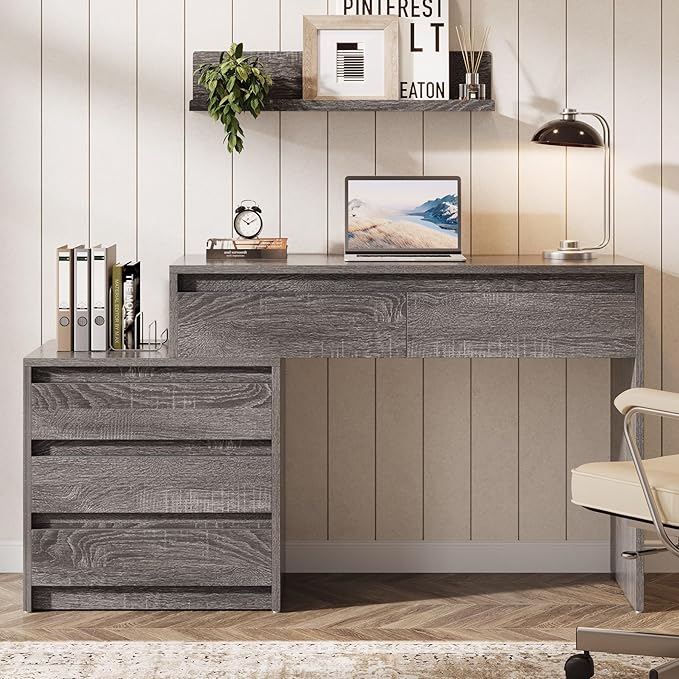 Tribesigns Computer Desk with 5 Drawers Executive Home Office Desk with File Cabinet and Printer Stand Industrial Rustic Wood Desk for Small Spaces Study Writing Workstation (Gray)