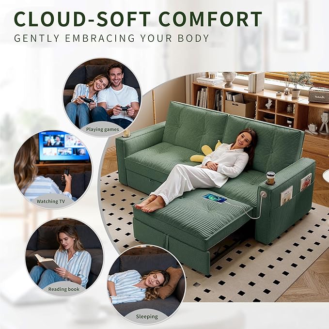 73 Queen Size Sofa Bed Loveseat Sleeper Sofa with Pull Out Bed Pockets and USB Modern 2 Seater Convertible Small Couch for Living Room Bedroom Apartment (Green Corduroy)