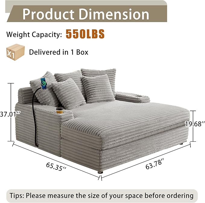 65.35 Oversized Chaise Lounge Chair for 2 Upholstered Sleeper Sofa Bed with Cup Holders | Charging Station | Removable Backrest | Backrest Pilow Fluffy Chair Sofa Couch for Living Room