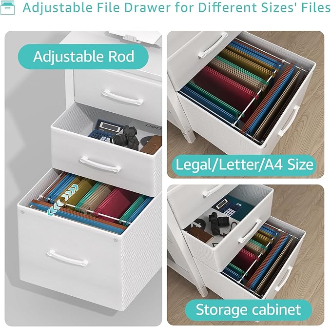 Lufeiya White Desk with File Drawers Cabinet 47 Inch Reversible Computer Desk with Fabric Filing Cabinet for Bedroom Small Space Home Office Modern Writing Table PC Desks White