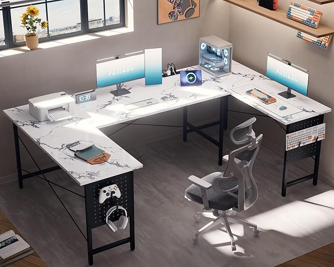 Pamray 71 Inch Large Computer Desk with Power OutletsU Shaped Corner Desk for Home Office Work and Gaming Marble