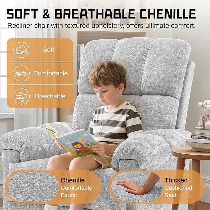 Recliner Chair Swivel Rocker Recliner Chair for Adults Small Recliners for Small Spaces Manual Recliner Chair with Side Pockets Nursery Rocking Chair for Living Room Chenille Silver Grey