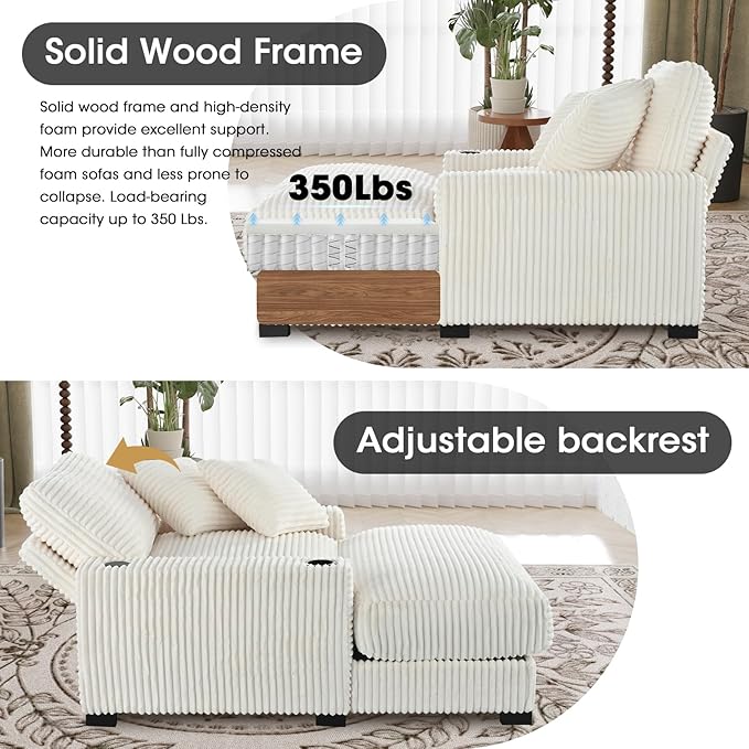 41 Chaise Lounge Indoor with 2 Pillows Adjustable Backrest Comfy Reading Chair with USB Charger Cup Holder Corduroy Sofa Bed Lazy Chair Sleeper Couch Small Couch for Apartment Whtie
