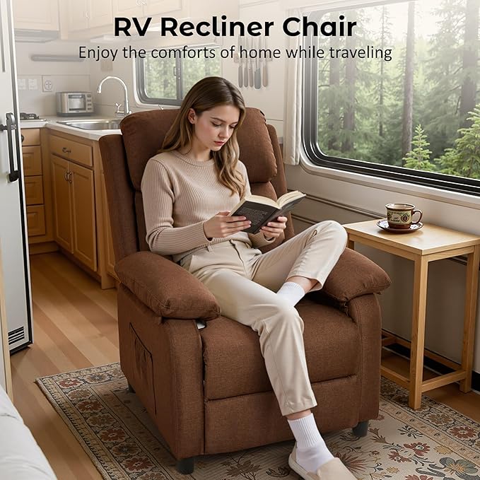 Recliner Chair Reading Chair for Adults with Side Pockets Recliners with Padded Deep Seat Small Recliners for Small Spaces Linen Fabric Comfy Chair for Bedroom Living Room and RV