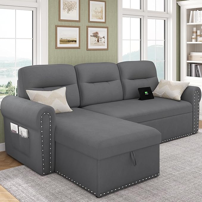 Sleeper Sofa Bed 87'' Sectional Couch with Reversible Storage Chaise &amp Nailhead Armrest Pull Out Couches for Living Room Side Pocket &amp Charging Station Removable Backrest Velvet Fabric D