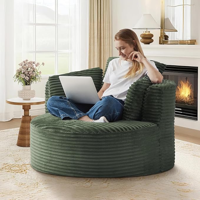 48W Oversized Round Chaise Longue Chair IndoorCorduroy Fluffy Comfy Cloud ChairCircle Bean Bag Sofa with Foam Filling &amp PillowsBoneless Reading Cozy Sofa Chairs for Living RoomBedroomGreen
